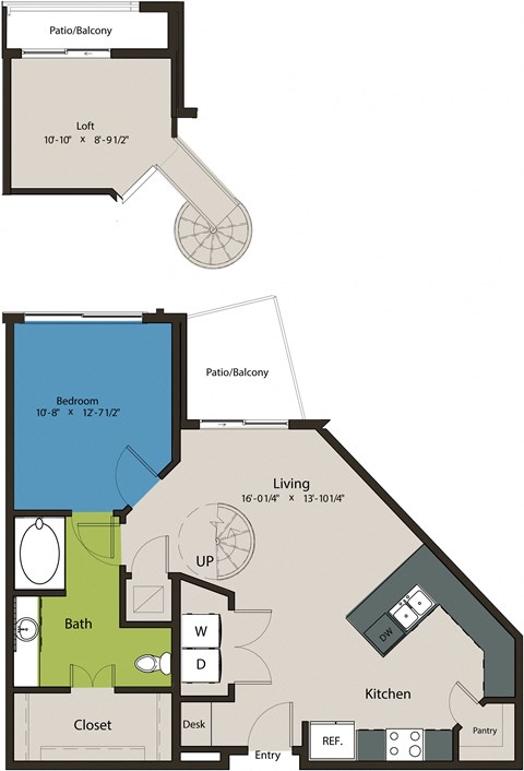 Floor plan for 1 bed, 1 bath, 903 sqft
